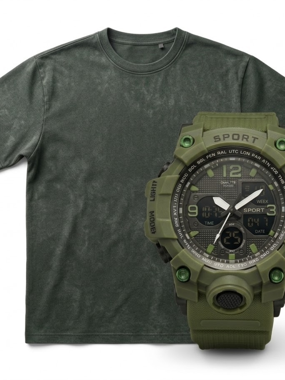 Sport Digital-Analog Military Green Watch Bundle With Vintage Wash Tees Shirt